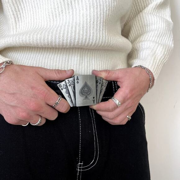 Y2k 2000s vintage chrome deck of cards black vegan leather belt - Picture 3 of 8